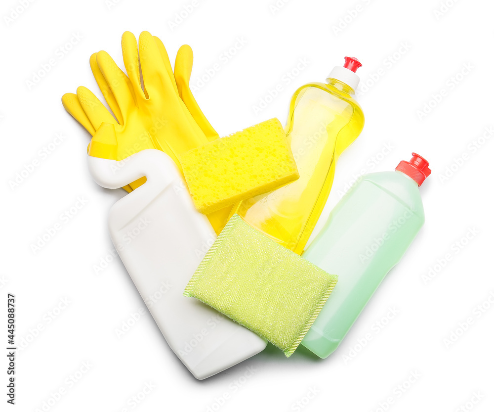 Set of cleaning supplies on white background