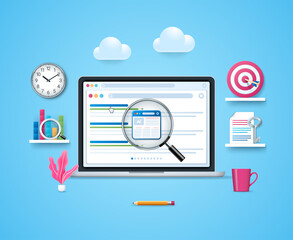 Wall Mural - Search engine result page concept. Laptop with open search window page and magnifying glass. Results of a query. Web vector illustration in 3D style