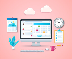 Poster - time management concept. computer with calendar and daily tasks on screen. marked checklist, wall cl