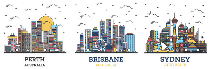 Fototapete - Outline Brisbane, Sydney and Perth Australia City Skyline Set.