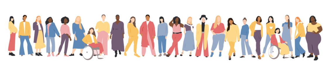 Women of different ethnicities stand side by side together. Flat vector illustration.