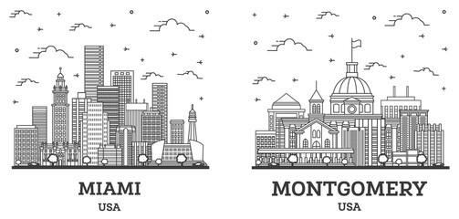 Wall Mural - Outline Montgomery Alabama and Miami Florida City Skyline Set.