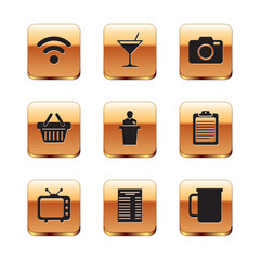 Sticker - Set Wi-Fi wireless network, Television tv, Paper financial check, Speaker, Shopping basket and Photo camera icon. Vector