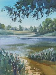 forest landscape with a lake watercolor background