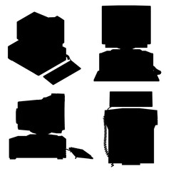 Poster - Set with silhouettes of an old computer in different positions isolated on a white background. Vector illustration