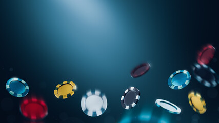 Wall Mural - 3D Rendering, illustration of casino poker chips falling in a dark blue background