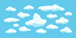 © Irina - Fluffy clouds set isolated on blue heaven background. Cartoon white clouds collection for 2d sky scene and backgrounds. Flat design clip art vector illustration.