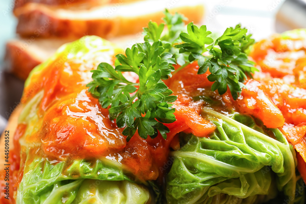 Stuffed cabbage leaves with tomato sauce and parsley, closeup