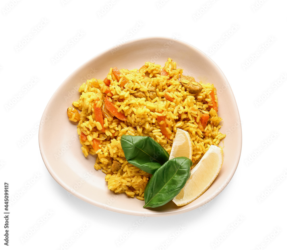 Plate with tasty pilaf on white background