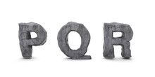 3D Letters PQR Rock Or Stone On White Background Or Cracked Stone