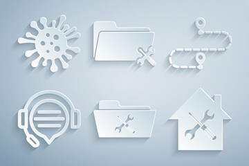 Sticker - Set Folder service, Route location, Headphones with speech bubble chat, House, and Bacteria icon. Vector