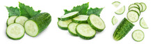 Sliced Cucumber Isolated On White Background. Set Or Collection