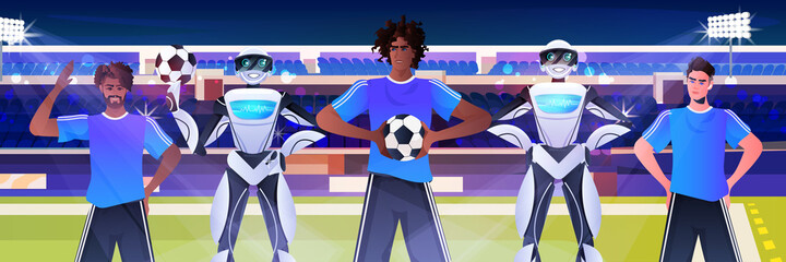 Poster - mix race men and robots football players with soccer balls standing on stadium artificial intelligen