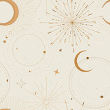 Fototapeta Boho - Sun and moon tarot sign seamless pattern design , celestial frawing, gold print . Eclipse decorative surface cover, boho tarot sacret geometry frame