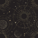 Fototapeta Boho - Galaxy universe mystic background, Night sky design. sacred geometry signs  . Constellation, Sun,  Moon Gold celestial seamless pattern, boho print