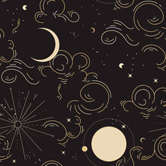 Wall Mural - Alchemy background, gold esoteric design. Celestial mystical seamless pattern . Moon and sun symbol design