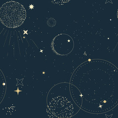 night sky with moon gold celestial seamless pattern, tender universe constelllation vintage textile 