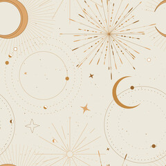 sun and moon tarot sign seamless pattern design , celestial frawing, gold print . eclipse decorative