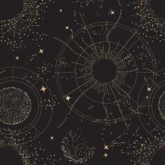galaxy universe mystic background, night sky design. sacred geometry signs . constellation, sun, moo