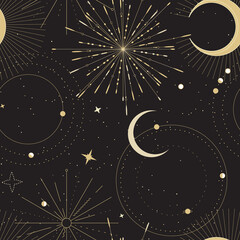 sun and moon tarot sign seamless pattern design , celestial frawing, gold print . eclipse decorative