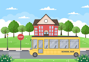 Back To School, Modern Building and Bus in the Front Yard With Some Children. Background Landing Page Illustration