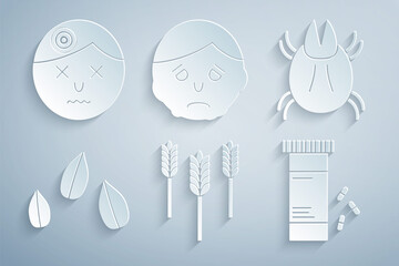 Poster - Set Wheat, Parasite mite, Sesame seeds, Medicine bottle and pills, Inflammation on face and Man having headache icon. Vector