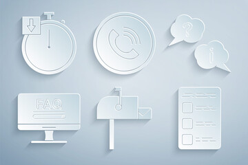 Poster - Set Open mail box, Question and Exclamation, Monitor with FAQ information, Create account screen mobile, Phone call and Stopwatch icon. Vector