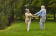 © Studio Romantic - Happy elderly pensioners, man and woman, husband and wife, dancing together in the park on the green grass, breathing fresh air, useful walks.