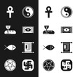 © vector_v - Set Traditional carpet, First communion symbols, Cross ankh, Yin Yang, Christian fish, Decree, paper, parchment, scroll, Jainism and Pentagram circle icon. Vector