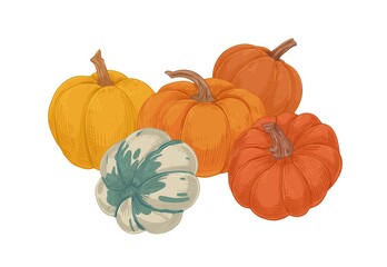 Different types of autumn whole pumpkins. Composition of fall harvest. Vintage drawing of fresh ripe round-shaped vegetables. Realistic hand-drawn vector illustration isolated on white background