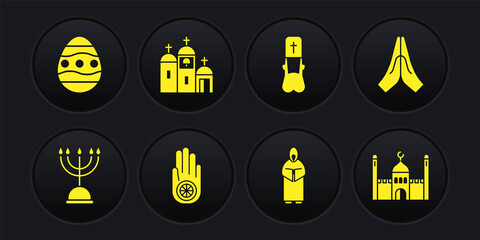 Sticker - Set Hanukkah menorah, Hands in praying position, Jainism Jain Dharma, Monk, Priest, Church building, Muslim Mosque and Easter egg icon. Vector