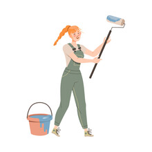 Redhead Female In Overall With Bucket With Paint Roller Vector Illustration