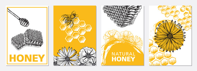 Honey and bees flyer set, hand drawn illustrations. Vector.