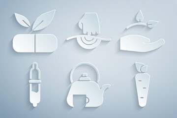 Sticker - Set Teapot with cup, Leaf in hand, Pipette, Carrot, Massage and Medical pill plant icon. Vector