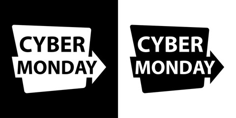 Poster - Banner con logotipo con texto Cyber Monday en etiqueta con flecha en fondo blanco y fondo negro