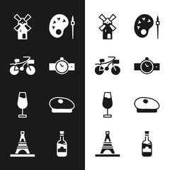 Sticker - Set Wrist watch, Bicycle, Windmill, Paint brush with palette, Wine glass, French beret, Bottles of wine and Eiffel tower icon. Vector