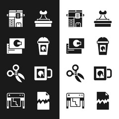 Sticker - Set Coffee cup to go, Business card, Copy machine, Stamp, Scissors, Torn document and Plotter icon. Vector