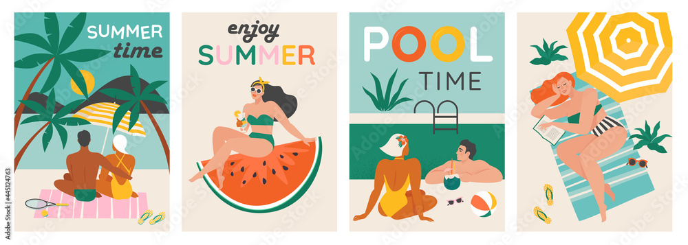 Set of a summer background. Summer swimming, swimming, diving in a huge watermelon. Couple relaxing at the beach . Vector cards, poster design illustration. - obrazy, fototapety, plakaty 