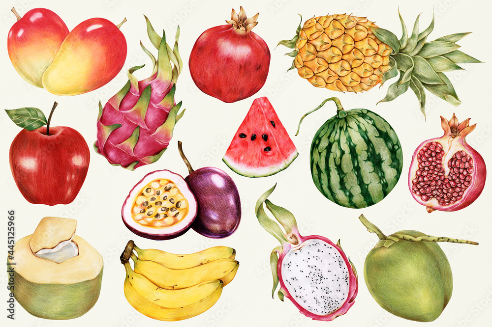Hand drawn tropical fruits patterned background illustration - obrazy, fototapety, plakaty 