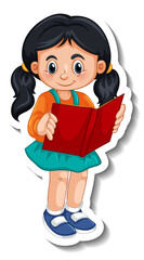 Wall Mural - Sticker template with a girl reading a book cartoon character isolated