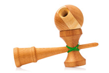 Childrens Wooden Kendama Toy With Green Threads Isolated On White Background