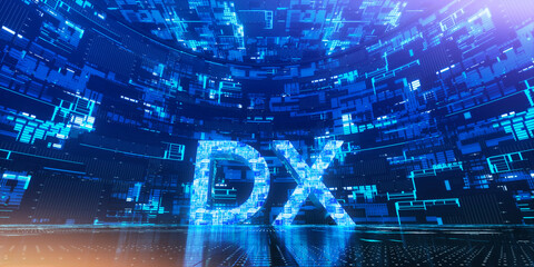 立体的なDXの3Dレンダリンググラフィックス / デジタルトランスフォーメーション・ITとビッグデータ・未来志向のイノベーションのコンセプトイメージ