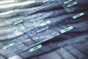 Poster - Multi exposure of abstract programming language hologram on shiny metal background, artificial intelligence and machine learning concept