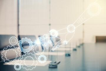 Aufkleber - Abstract virtual robotics technology sketch on a modern boardroom background, future technology and AI concept. Double exposure