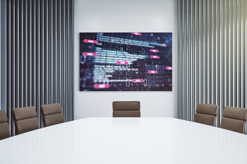 Poster - Abstract creative coding concept on presentation screen in a modern conference room. 3D Rendering