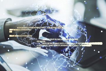 Poster - Abstract creative coding concept with world map and finger clicks on a digital tablet on background. Multiexposure