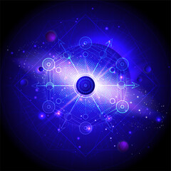 Wall Mural - Vector illustration of Sacred geometric symbol against the space background with planets and stars.