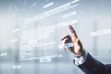 Aufkleber - Multi exposure of developer hand working with abstract programming language hologram on blurred office background, artificial intelligence and machine learning concept
