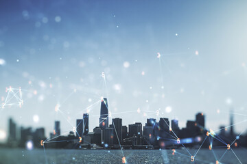 Poster - Abstract virtual wireless technology hologram on San Francisco skyline background. Big data and database concept. Multiexposure