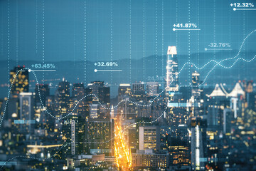 Poster - Multi exposure of abstract virtual graphic data spreadsheet sketch on San Francisco cityscape background, analytics and analysis concept